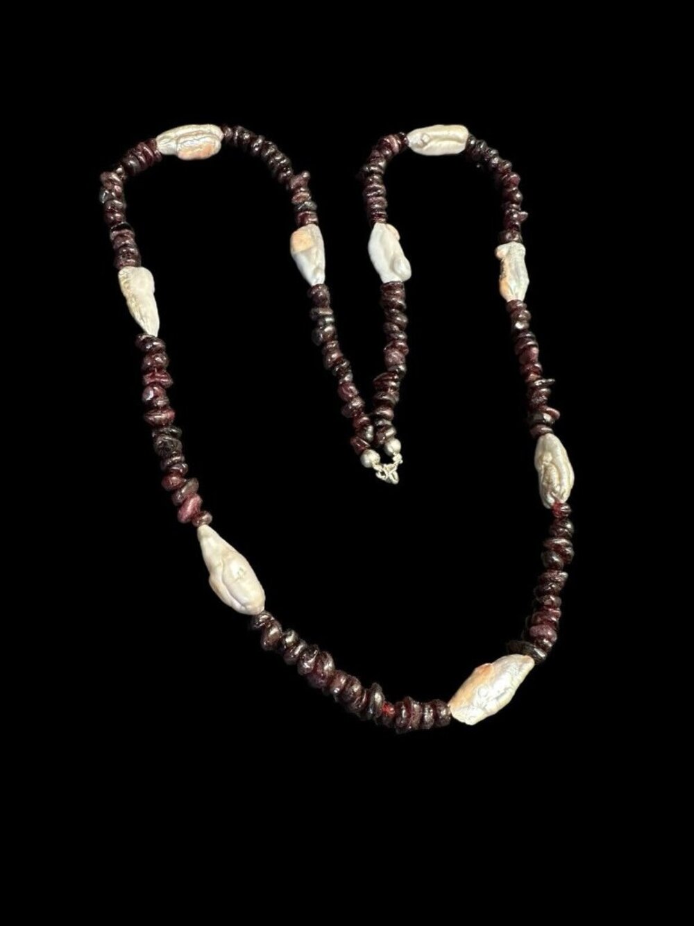 Vintage Garnet Freshwater Baroque Pearl Beaded Necklace 925 Clasp